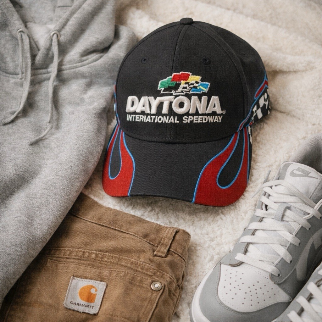 Daytona International Speedway Hat Fanatics Adjustable Cap Embroidered Flames Daytona International Speedway Hat Fanatics Adjustable Cap Embroidered Flames